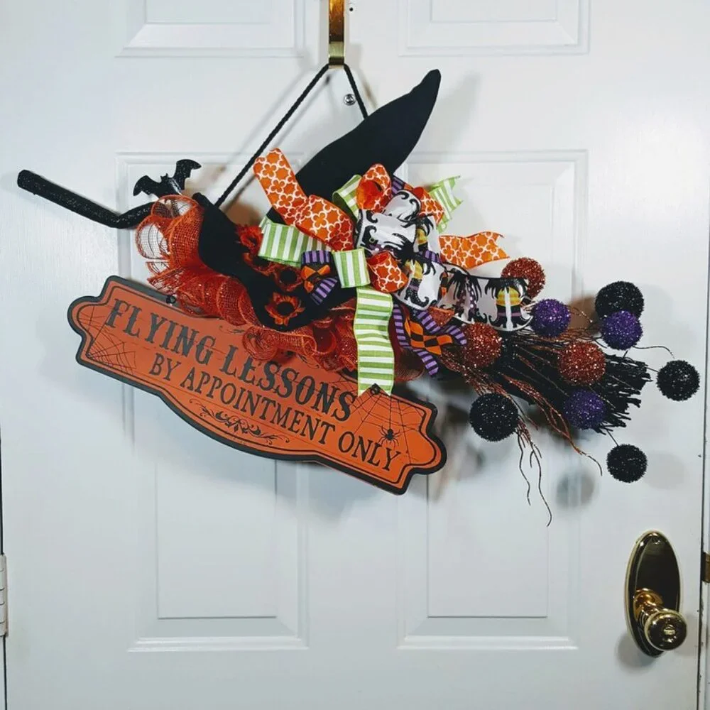 Witch's Flying Broom Stick Halloween Wreath, Flying Lesson Broom Wreath
